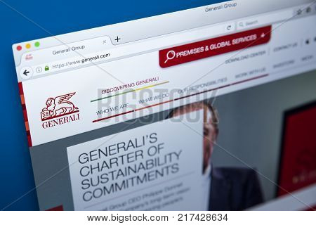 LONDON UK - OCTOBER 21ST 2017: The homepage of the official website for the Generali Group - the largest insurance company in Italy and third-largest in the world on 21st October 2017.