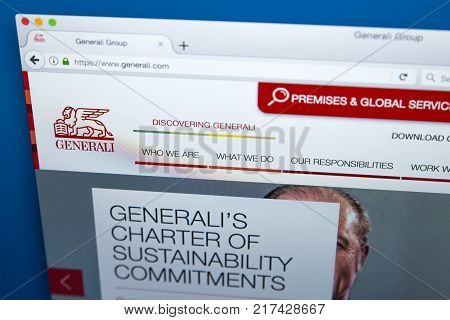 LONDON UK - OCTOBER 21ST 2017: The homepage of the official website for the Generali Group - the largest insurance company in Italy and third-largest in the world on 21st October 2017.