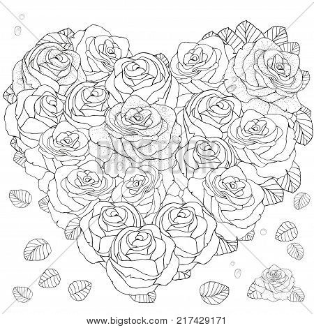 Heart Shaped Pattern For Coloring Book With Roses Floral Retro Doodle