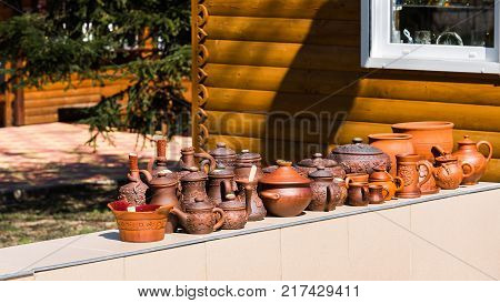 Many Pottery Are Sold On The Street In The City Park Goryachy Klyuch Russia. Copy Space For Text