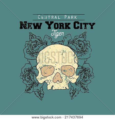 Skull with roses . New York Central park tiger slogan. Typography graphic print, fashion drawing for t-shirts .Vector stickers, print, patches vintage rock style