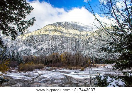 Frozen Wallowa Lake and Snowy Mountains in Oregon