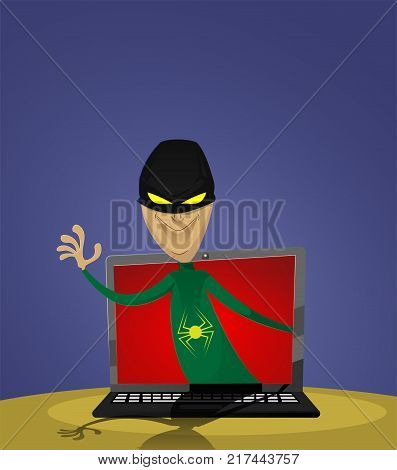 The thief gets out of the laptop monitor. Digital fraud and hacking design, vector illustration.