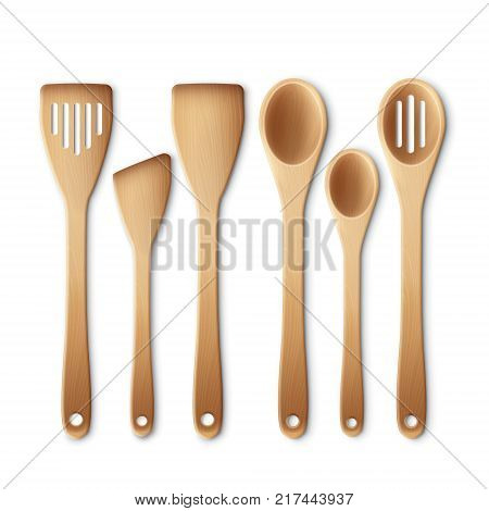 Vector set of the wooden kitchen utensils isolated on a white background