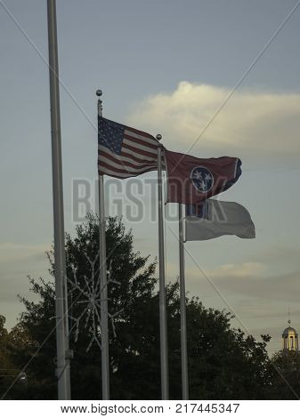Flags blowing in the windin Sevierville, TN