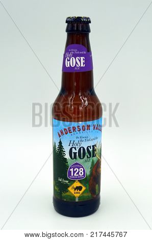 Almere, The Netherlands-  December 8, 2017: Anderson Valley Holy Gose ale. Anderson Valley ale is brewed by Anderson Valley Brewing Company in Boonville.