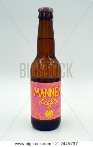 Almere, The Netherlands-  December 8, 2017: Bottle of Mannenliefde beer brewed by Oedipus.