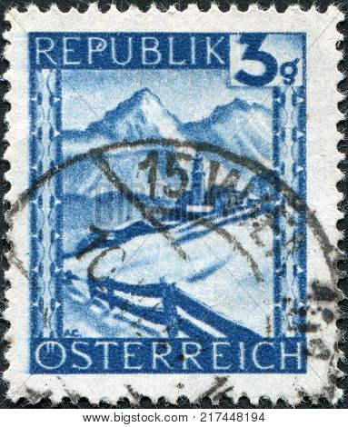 AUSTRIA - CIRCA 1945: A stamp printed in Austria is shown Lermoos Winter Scene circa 1945