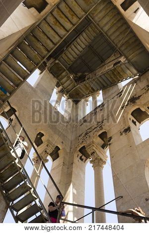 SPLIT, CROATIA - AUGUST 11 2017: Looking up inside Saint Domnius bell tower in Split Croatia