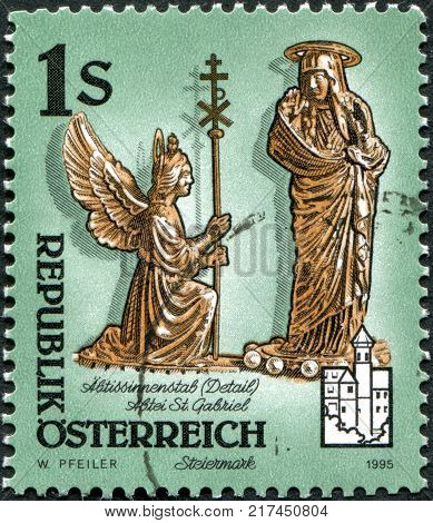 AUSTRIA - CIRCA 1995: A stamp printed in Austria shows Detail of abbesse's crosier St. Gabriel Abbey Styria circa 1995