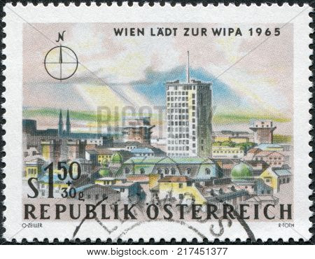 AUSTRIA - CIRCA 1964: A stamp printed in Austria is dedicated to the Vienna International Philatelic Exhibition is shown Ringturm and Flak tower Vienna circa 1964