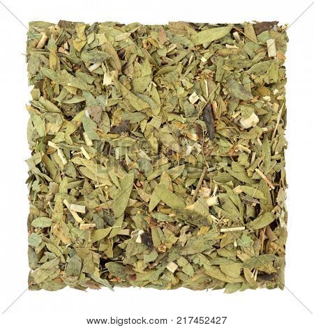 Consitpation and laxative herb mixture used in alternative herbal medicine with senna leaf, fennel, elder and lime flowers on white background.