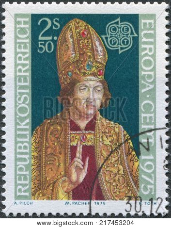 AUSTRIA - CIRCA 1975: A stamp printed in Austria shows the High Priest by Michael Pacher circa 1975