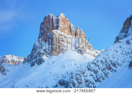Winter morning landscape of Passo Giau, Dolomites, Italy