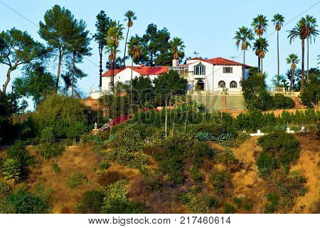 Spanish style hacienda villa on top of a hill with views of the landscape and community taken in Hacienda Heights, CA