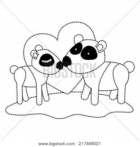 pandas couple over grass in black dotted contour with heart in background vector illustration