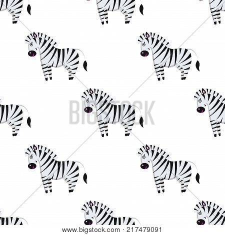 Cartoon zebra seamless pattern on white background. Striped black and whitey horse endless texture. Vector illustration of wildlife character, wallpaper wrapping paper design repeatable structure