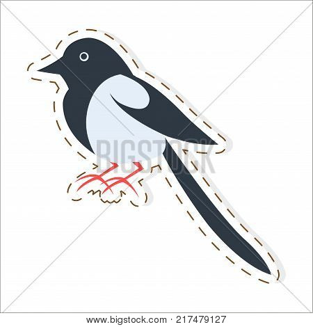 Cute funny black white magpie vector flat cartoon sticker or icon outlined with dotted line isolated on white. Wild bird or poultry illustration for game counters, price tags