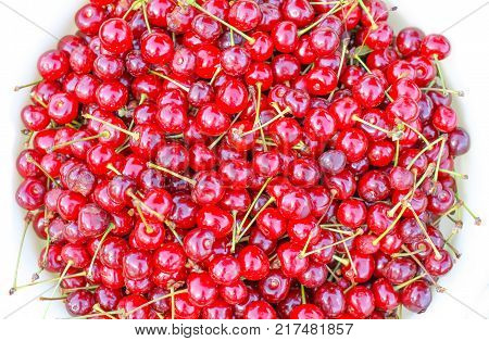 Ripe red sweet cherries with stalks close up.