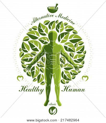 Vector graphic illustration of strong male composed with green tree leaves and mortar and pestle. Raw food diet concept no gm theme.