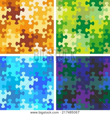 Four seamless jigsaw puzzle patterns, backgrounds, prints, swatches or wallpapers with whimsically shaped pieces of variuos color sets