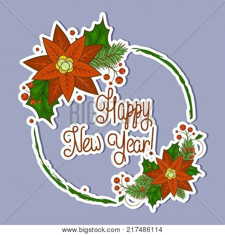 Christmas card with a wreath of berries, Holly, white flowers, poinsettia and snowflakes with a calligraphic inscription in the middle. Invitation or greeting card. Merry Christmas. Stock vector. A large, bright sticker.