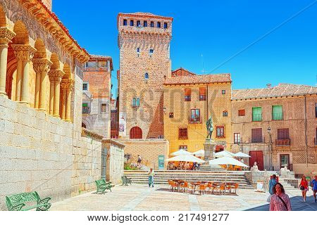 Landscape Of Church Of San Esteban (iglesia De San Esteban) And Square San Esteban In Segovia, Spain