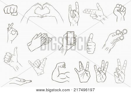 Hand gestures set. Collection of hand-drawn signs. Vector illustration.