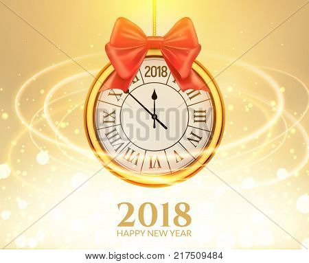 2018 new year shining background with clock. Happy new year 2018 celebration decoration golden balls poster, festive card template.