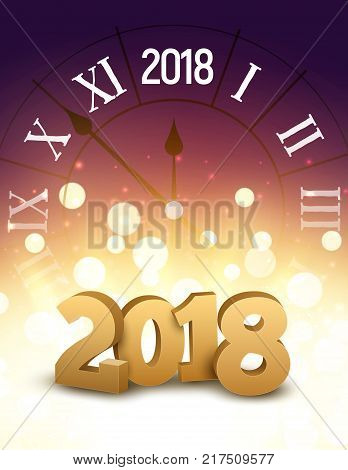 2018 new year shining background with clock. Happy new year 2018 celebration decoration poster, festive card template.