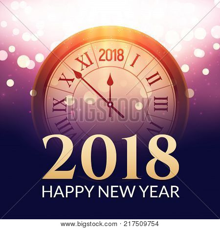 2018 new year shining background with clock. Happy new year 2018 celebration decoration poster, festive card template.