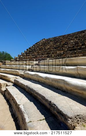 Ruins and ancient columns in the ancient city of Salamis in Famagusta.Northern Cyprus.
