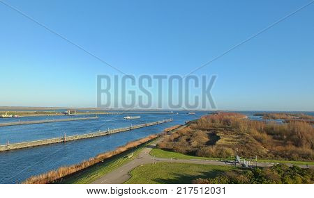 Krammersluizen, the Krammer locks complex in the Philips dam, which is the shipping connection between the Oosterschelde and Volkerak-Zoommeer in the Netherlands