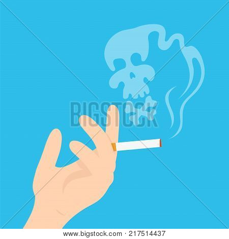 Hand with a cigarette. Vector modern flat style cartoon character illustration.Isolated on blue background. Hand with a cigarette,smoking kill,skull smoke