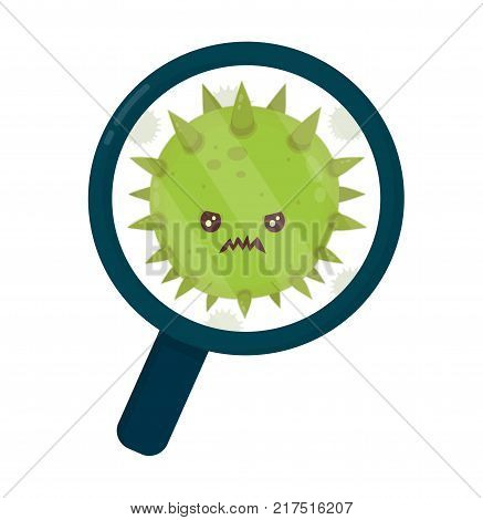 Cute angry evil bad fly germ virus infection,micro bacteria under a magnifying glass.Vector modern flat style cartoon character illustration.Isolated on white background.Microbe, Pathogen, Virus icon