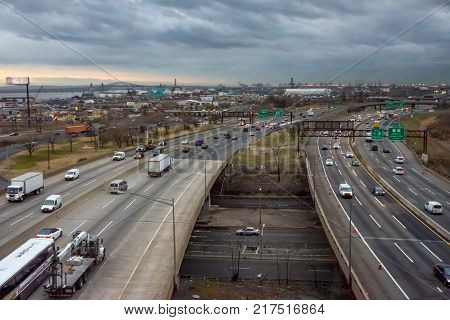 KEARNY NEWARK - DECEMBER 5: A dusk view of the New Jersey Turnpike on December 5 2017 in Newark New Jersey.