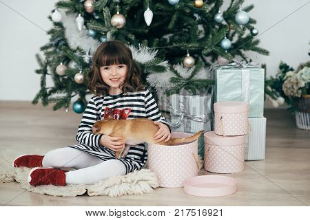 The girl sits at the tree and looks at the gifts. New Year holidays. The time to realize dreams. A gift in the box. New Year's Symbol