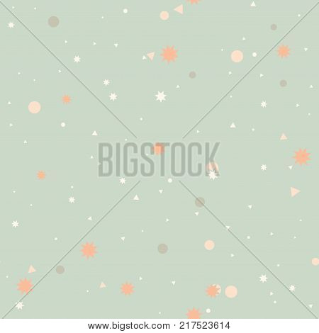 Colorful pastel abstract seamless pattern with pink, gray dots, circles, white triangles, orange stars on mint green backdrop. Infinity geometrical background. Vector illustration.