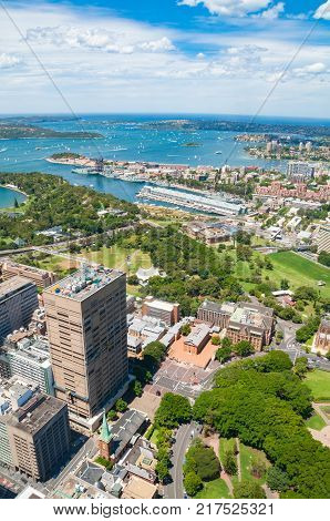Aerial view of Sydney suburbs Potts Point and Elizabeth Bay and Botanic Garden with Sydney Harbour. Sydney Australia