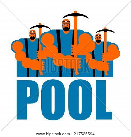 Mining pool logo. Extraction of Bitcoin Crypto Currencies. Worker with pickaxe. Vector illustration