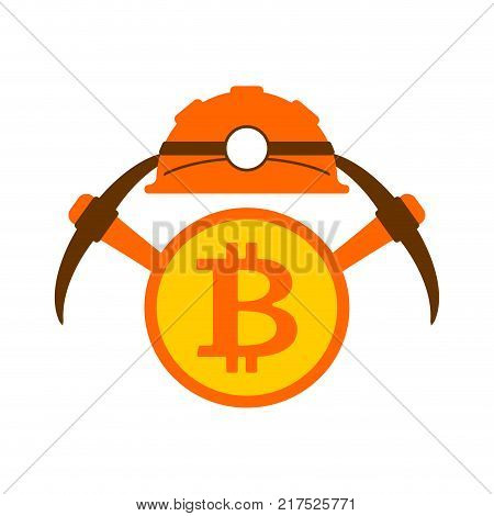 Miner logo. Mining Bitcoin Crypto Currencies. Worker with pickaxe. Vector illustration