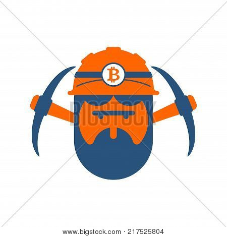 Miner logo. Mining Bitcoin Crypto Currencies. Worker with pickaxe. Vector illustration