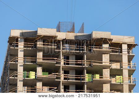 Monolithic frame construction of the building. The framework for the walls. Formwork for walls made of concrete. Construction of the building. Masonry walls and aerated concrete masonry walls