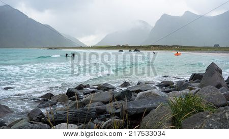 Beach on Lofoten in Unstad, Norway. Best place for Arctic surfing