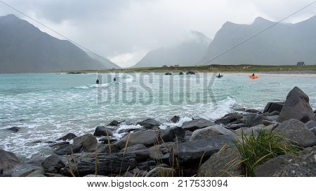 Beach on Lofoten in Unstad, Norway. Best place for Arctic surfing