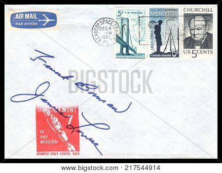 USA - CIRCA December 4th 1965: Nasa, US postal service first day cover with hand written signature  of Frank Borman, Jim Lovell, commemorating: Gemini 7 spaceship  Project. 