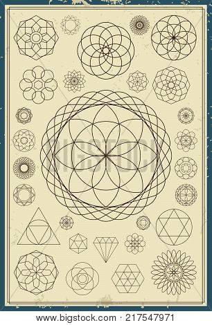 Vector collection of primitive geometric shapes, wireframe elements and circular objects.