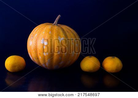Orange pumpkin and oranges line photo on black background. Fresh vegetable and fruit harvest. Ripe orange pumpkin. Halloween decoration. Outstanding or advantage metaphor. Extraordinary result concept