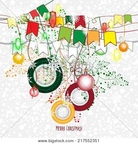 Christmas decorations. Vector set of decorative elements. New Year background. Frames, decrations, flags and snowflakes.