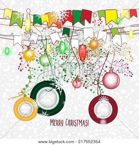 Christmas decorations. Vector set of decorative elements. New Year background. Frames, decrations, flags and snowflakes.
